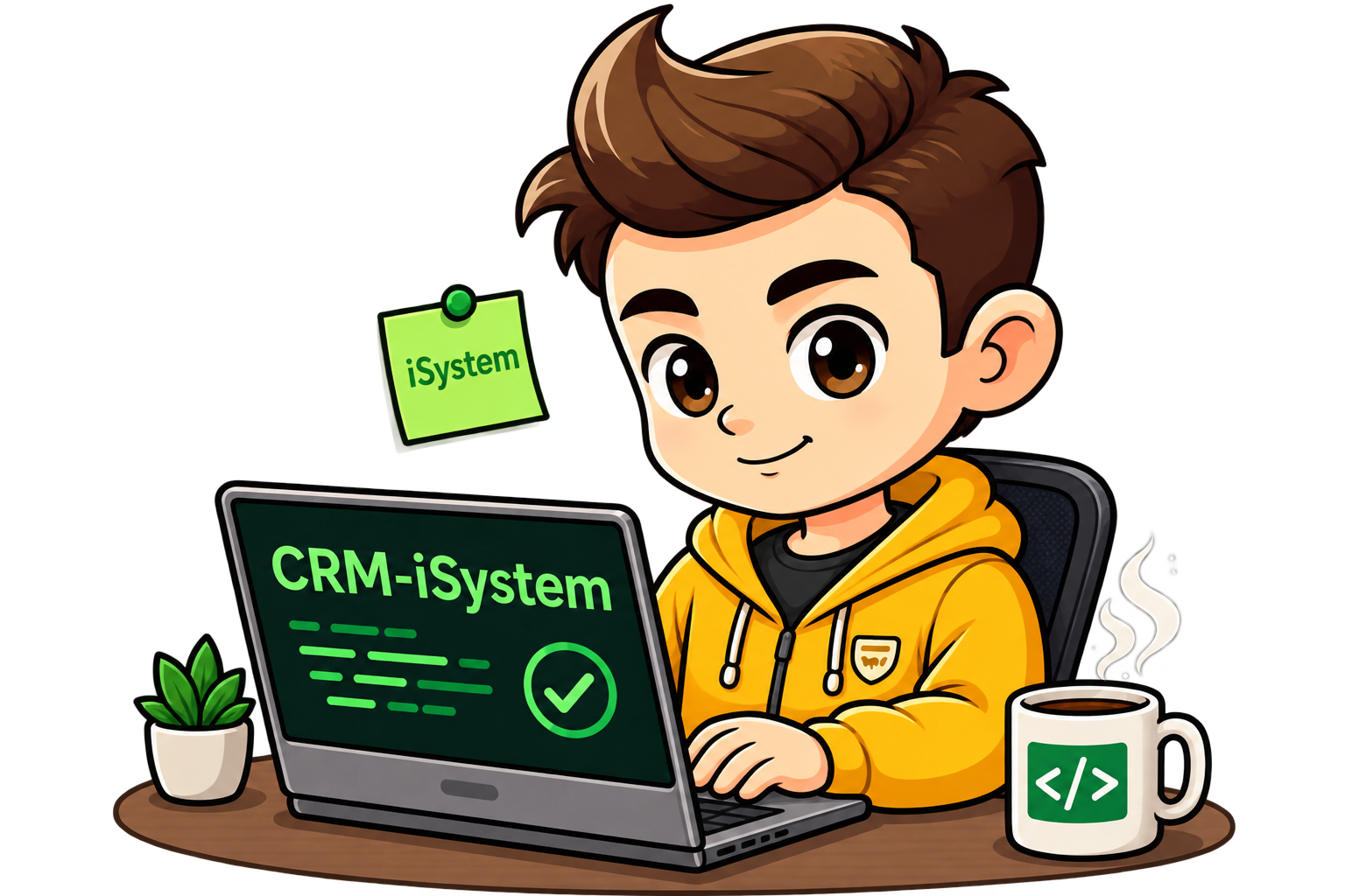 Illustration of the founder behind CRM-iSystem, coding at a desk
