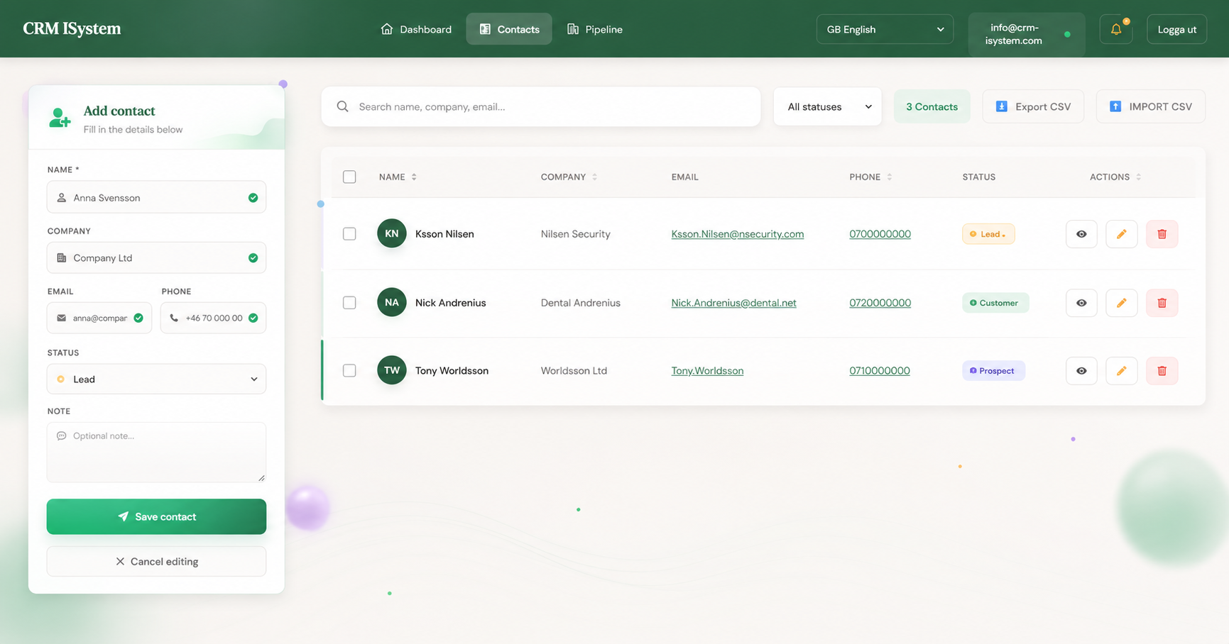 CRM-iSystem contact management view with tags and CSV import options