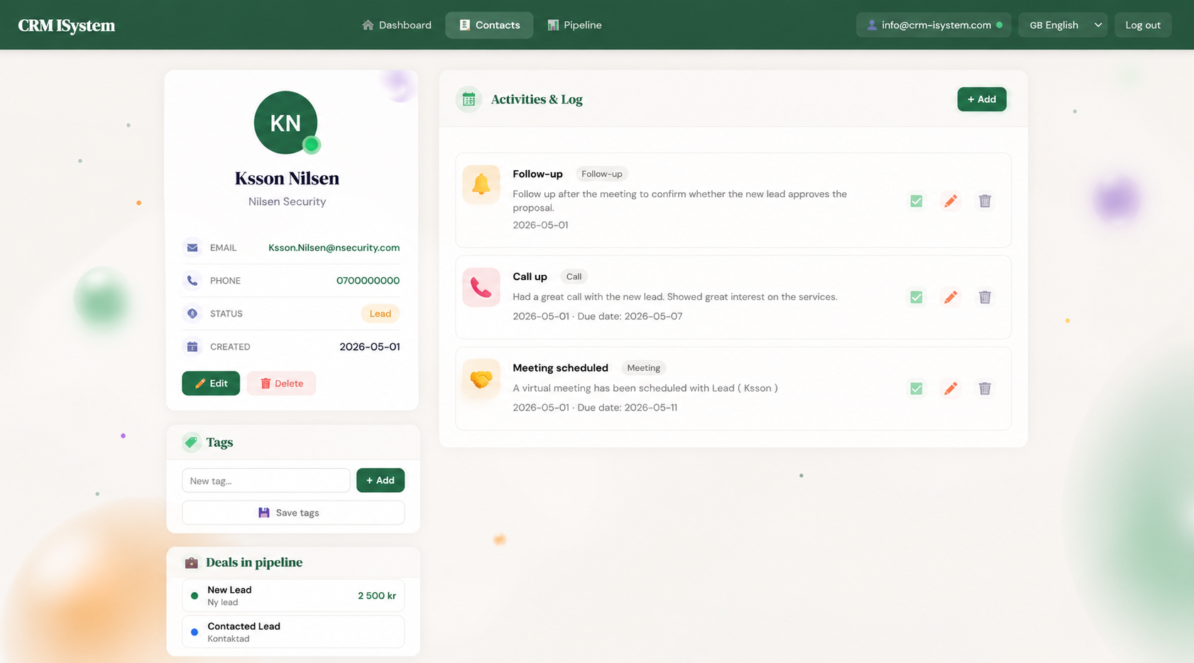 CRM-iSystem activity log showing notes, meetings and tasks on a contact profile